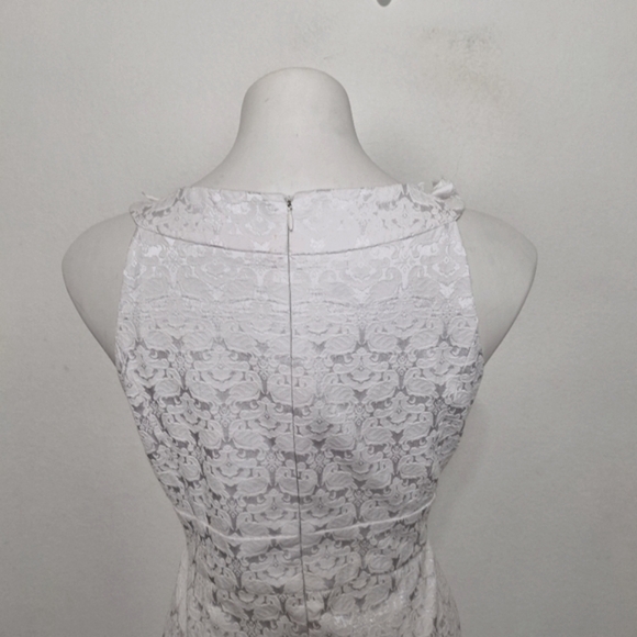 Maggy London White Lace Ruffle Neck Romantic Bridal Sheath Midi Dress Size 8 - Picture 8 of 14